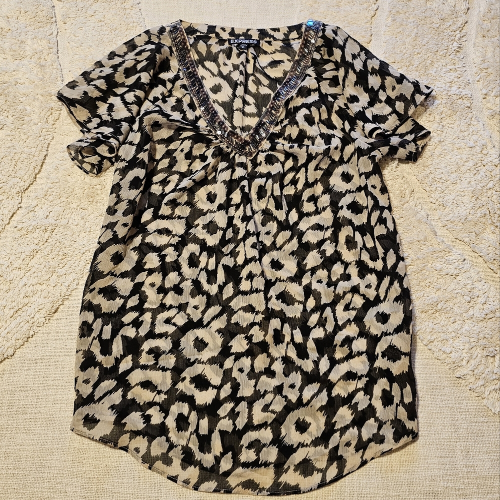 Express embellished tunic, flutter sleeve, semi-sheer, leopard print, size M